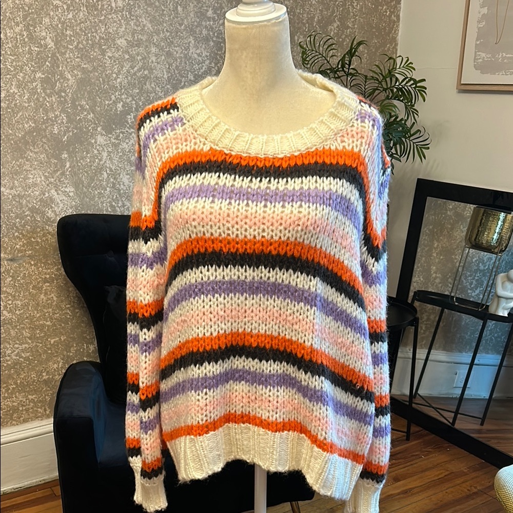 Orange and Purple Striped Crew Neck Sweater